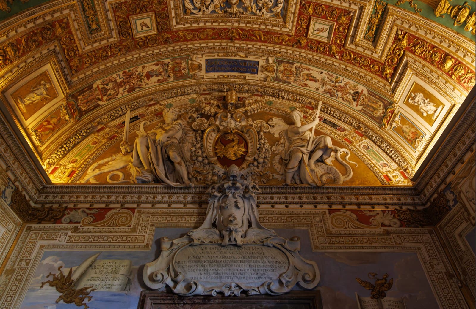 Decorations, frescoes, and monumental sculptures inside the Vatican Museums